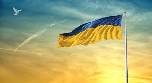 Ukraine Flagge weht im Wind, ruhiger Himmel, eine weiße Friedenstaube fliegt am Himmel.