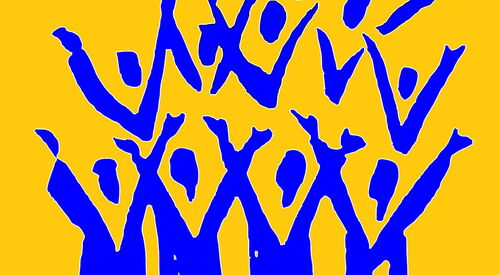 Grafik mit mehreren blauen stilisierten Personen mit erhobenen Armen, dargestellt in Blau auf gelbem Hintergrund.