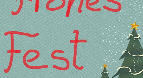 Grafik mit dem Schriftzug „Frohes Fest“ in roter Schrift, daneben stilisierte Tannenbäume auf grünem Hintergrund.