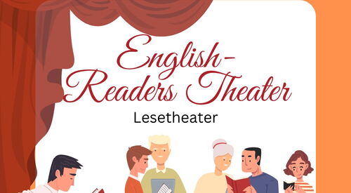 Werbegrafik „English Readers Theater – Lesetheater“ mit Illustration mehrerer Personen beim gemeinsamen Lesen, orangem Hintergrund.
