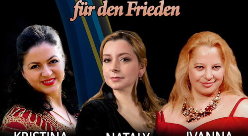 Plakat zum Friedenskonzert mit Datum, Ortsangaben und Fotos von 3 Musikerinnen auf farbig gestaltetem Hintergrund.