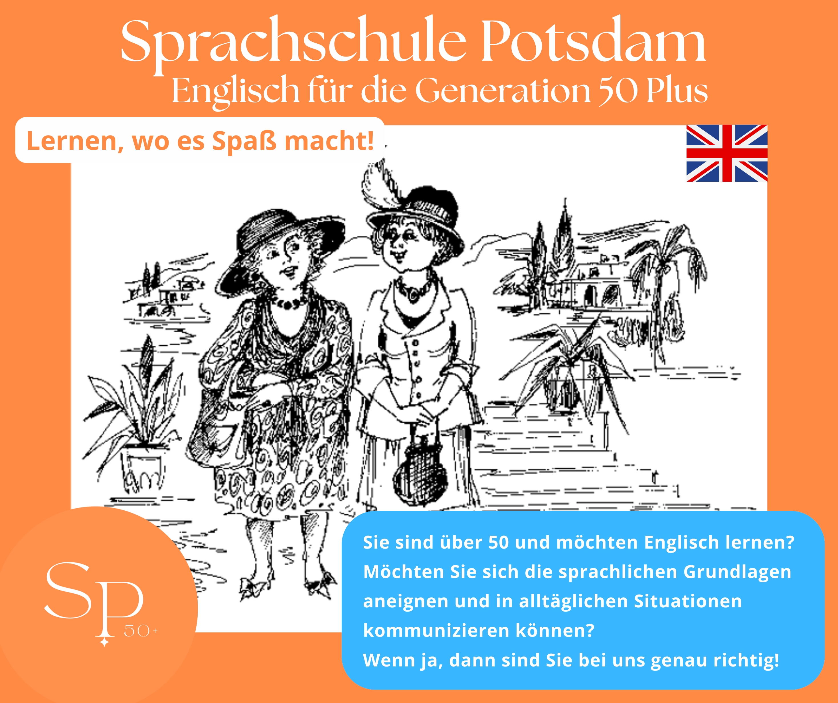 Werbegrafik der Sprachschule Potsdam mit Illustration 2 Frauen die sich unterhalten, orangefarbenem Hintergrund und Textfeldern mit Kursinformationen.