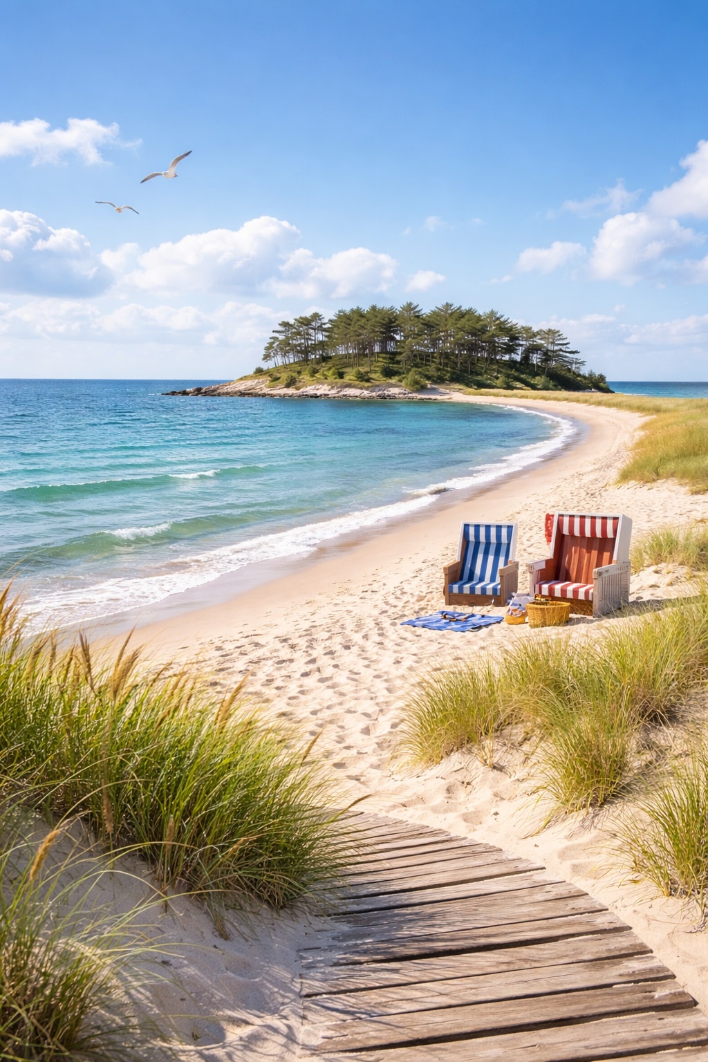 Sandweg mit Holzsteg führt zum Strand, rechts Strandkörbe, links Dünen mit Gras, im Hintergrund Meer und blauer Himmel.